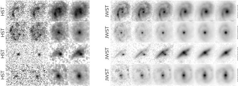 Comparación de las mismas galaxias con observaciones del Telescopio Espacial Hubble y observaciones del Webb.