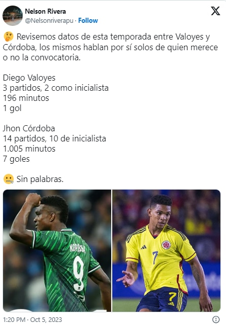 Críticas por convocatoria de la selección Colombia - crédito @Nelsonriverapu/X