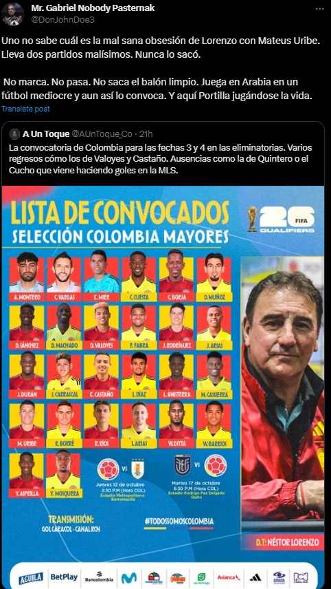 Críticas por convocatoria de la selección Colombia - crédito @DonJohnDoe3