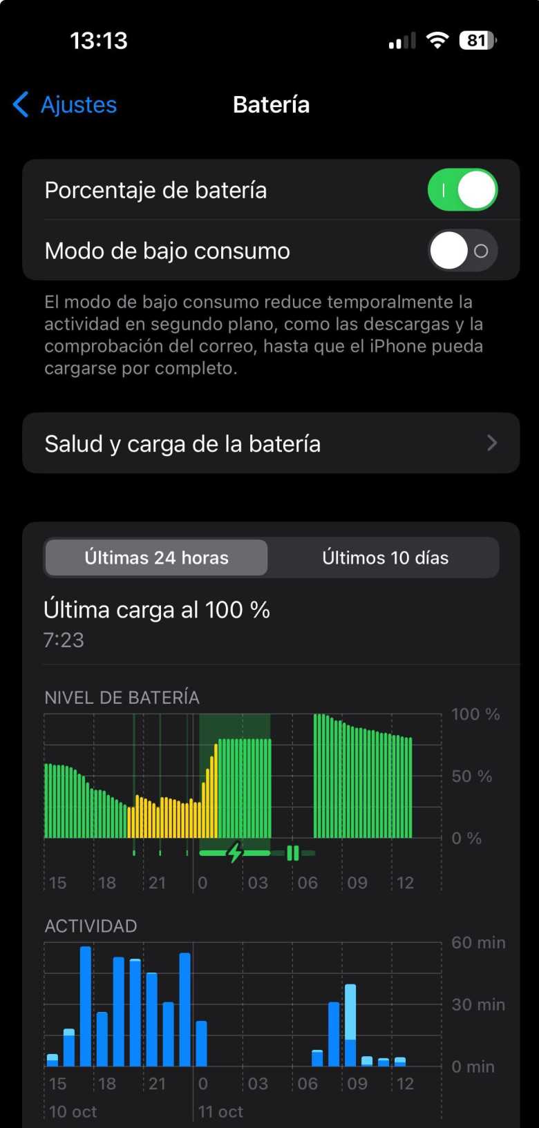 Captura de pantalla que muestra como el iPhone se ha apagado durante la noche