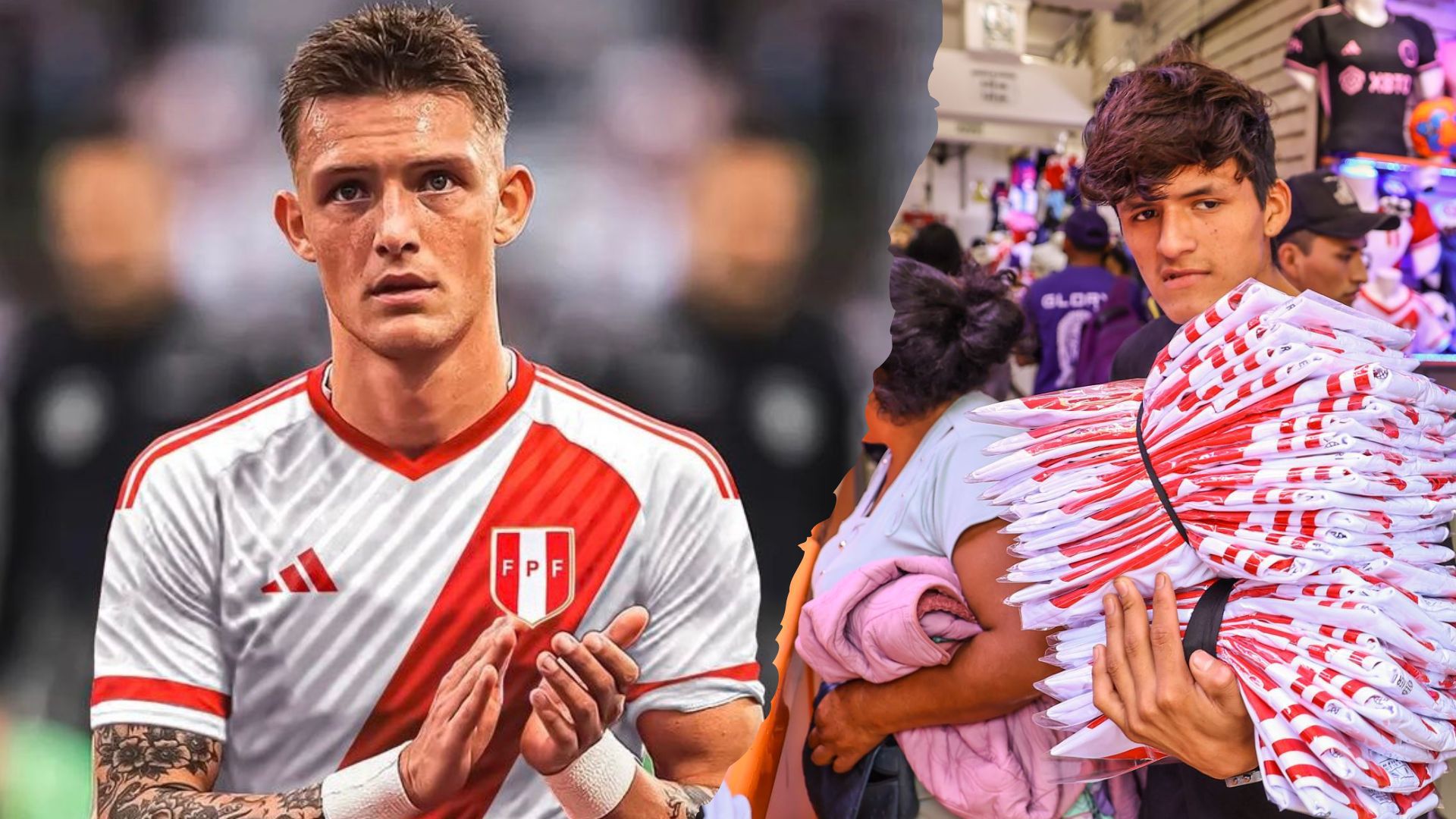 Los comerciantes de Gamarra, en el distrito de La Víctoria, están vendiendo polos con el rostro de Oliver Sonne, futbolista danés de ascendencia peruana, que ha sido convocado a la selección. (Composición: Infobae Perú / Andina)