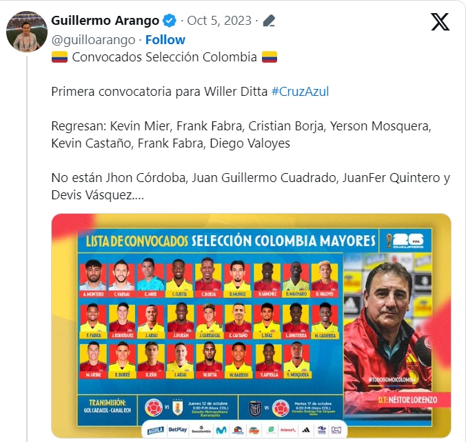 Críticas por convocatoria de la selección Colombia - crédito @guilloarango/X