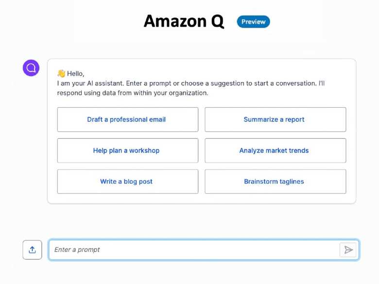 Interfaz principal de Amazon Q, el chatbot de la compañía impulsado por IA.