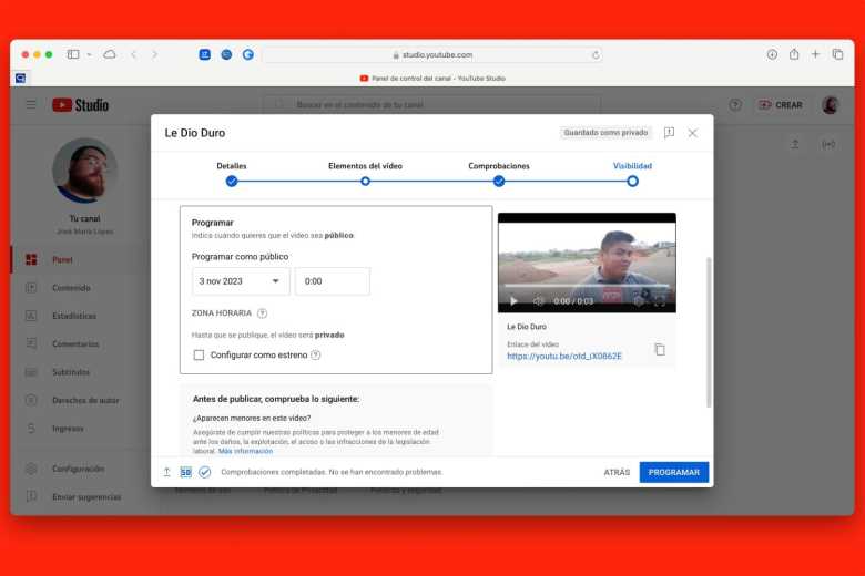 Programar un vídeo de YouTube con YouTube Studio