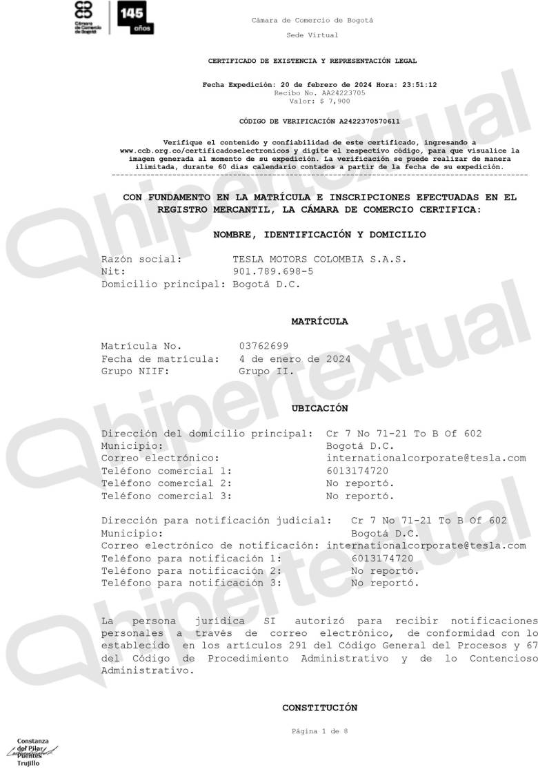 Documento de registro mercantil de la Cámara de Comercio de Bogotá de Tesla en Colombia.