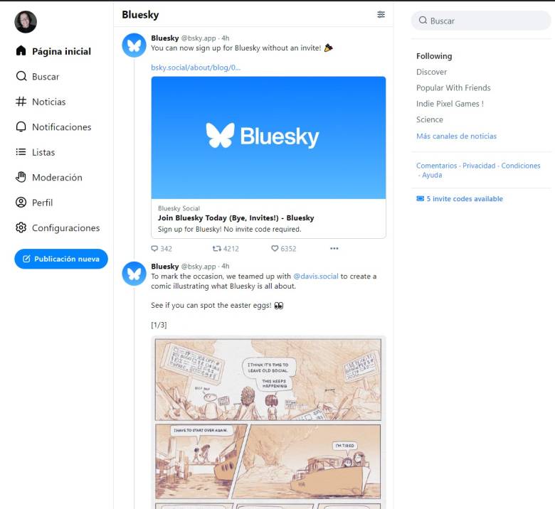 La interfaz de usuario de Bluesky es parecida a Twitter