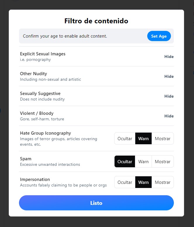 Ejemplo del filtro de moderación de Bluesky