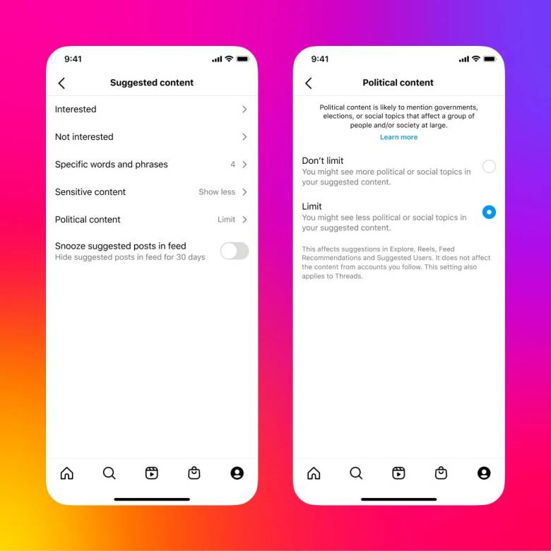 Control para evitar contenido político en Instagram y Threads