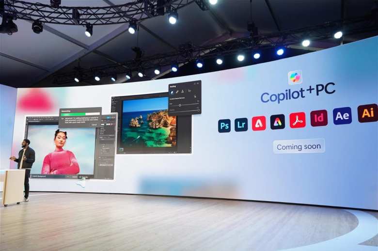 Adobe para ARM en la presentación de Copilot+ PC. Foto: The Verge