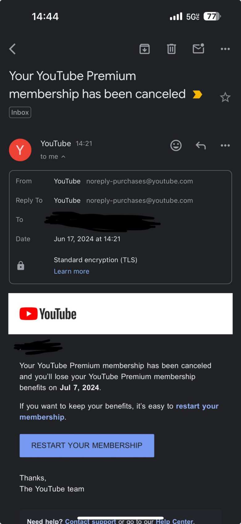 Mensaje de YouTube Premium cancelado por usar una VPN