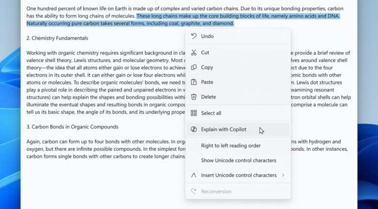 Explica con Copilot en Bloc de notas de Windows 11