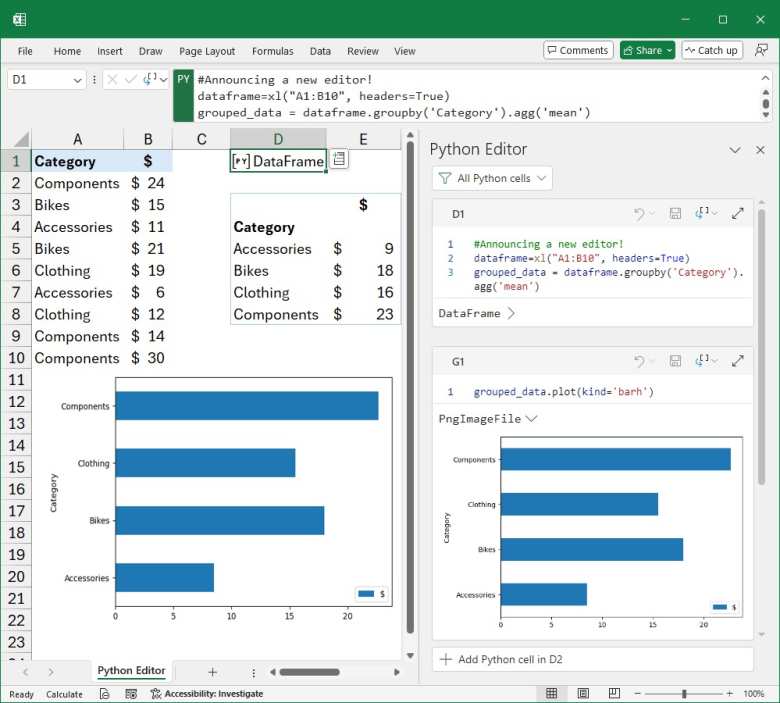 Editor de código de Python en Excel