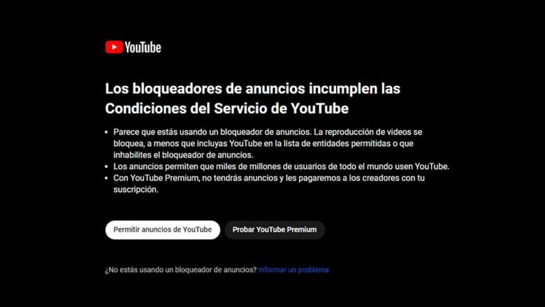 Pantalla de advertencia cuando usas un bloqueador de anuncios en YouTube