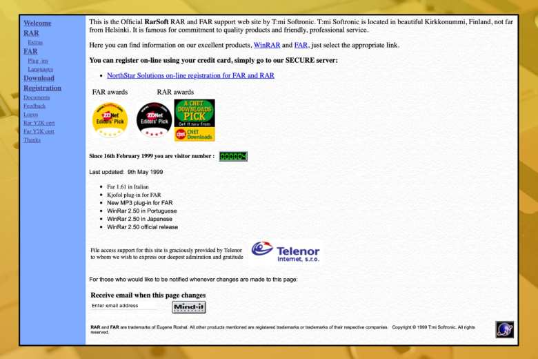 La web oficial de WinRAR en 1999