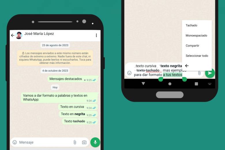 Cursivas, negritas y tachado en WhatsApp