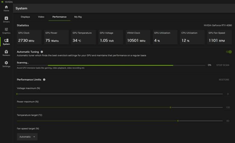 Funciones de overclock en la Nvidia App